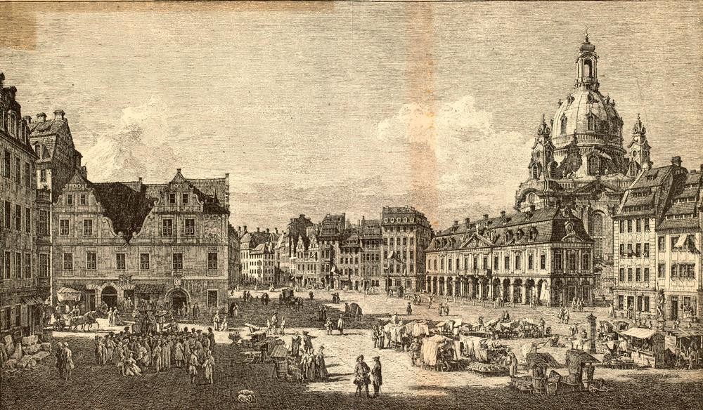 Bernardo Bellotto, Perspective de la Place de la grande Garde... (Städte, Dresden, Architektur, Gebäude, Marktplatz, Frauenkirche, Handel, Menschen, Alltagsszene, historisch, Rokoko, Grafik, Wohnzimmer, Wunschgröße, Klassiker, sepia)
