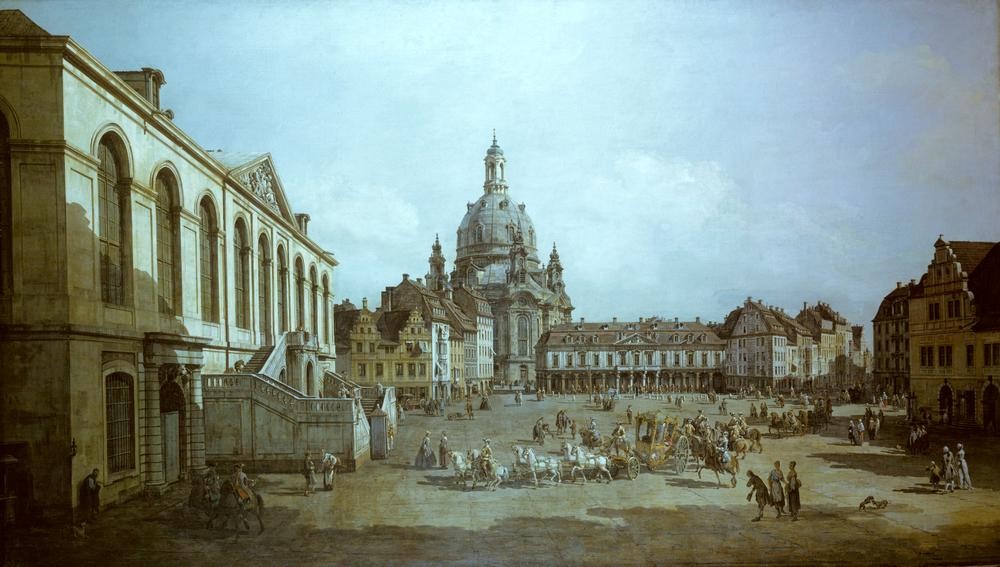 Bernardo Bellotto, Der Neumarkt in Dresden, vom Jüdenhofe aus (Städte, Dresden, Architektur, Gebäude, Frauenkirche, Marktplatz, Menschen,  Alltagsszene, historisch, Rokoko, Malerei, Wohnzimmer, Wunschgröße, Klassiker, bunt)