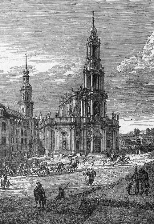 Bernardo Bellotto, Dresden, Hofkirche (Städte, Dresden, Architektur, Gebäude, Hofkirche, Kutsche, Reiter,  Menschen, Alltagsszene, historisch, Rokoko, Malerei, Wohnzimmer, Wunschgröße, Klassiker, bunt)