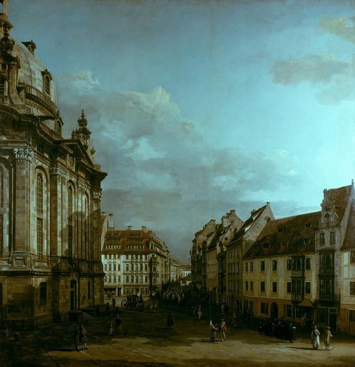 Bernardo Bellotto, Die Frauenkirche in Dresden (Städte, Dresden, Architektur, Gebäude, Frauenkirche, Detail,  Menschen, Alltagsszene, historisch, Rokoko, Malerei, Wohnzimmer, Wunschgröße, Klassiker, bunt)
