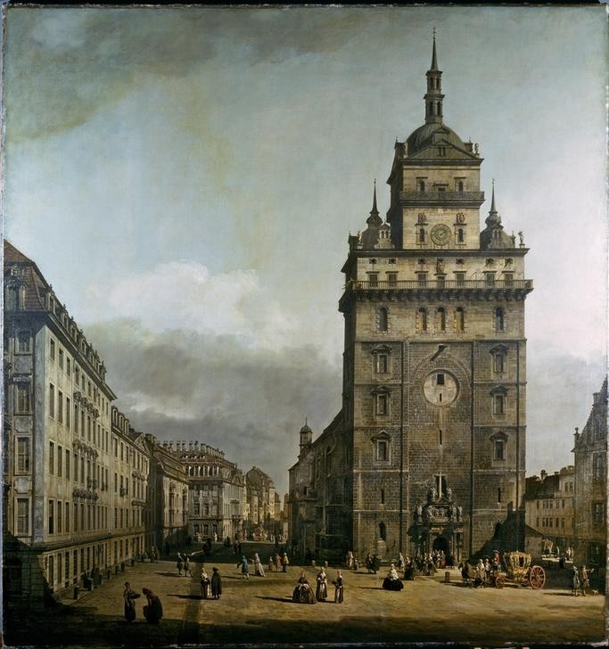 Bernardo Bellotto, Die Kreuzkirche zu Dresden (Städte, Dresden, Architektur, Gebäude, Kreuzkirche, Marktplatz, Menschen,  Alltagsszene, historisch, Rokoko, Malerei, Wohnzimmer, Wunschgröße, Klassiker, bunt)