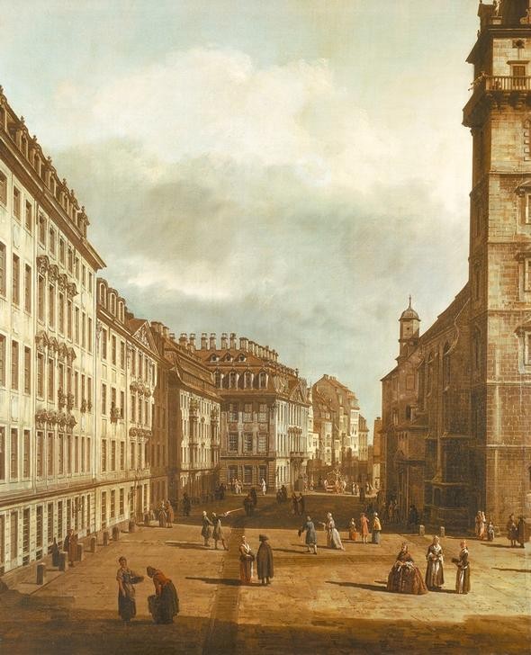 Bernardo Bellotto, Die Kreuzkirche zu Dresden (Städte, Dresden, Architektur, Gebäude, Kreuzkirche, Detail, Marktplatz, Menschen,  Alltagsszene, historisch, Rokoko, Malerei, Wohnzimmer, Wunschgröße, Klassiker, bunt)