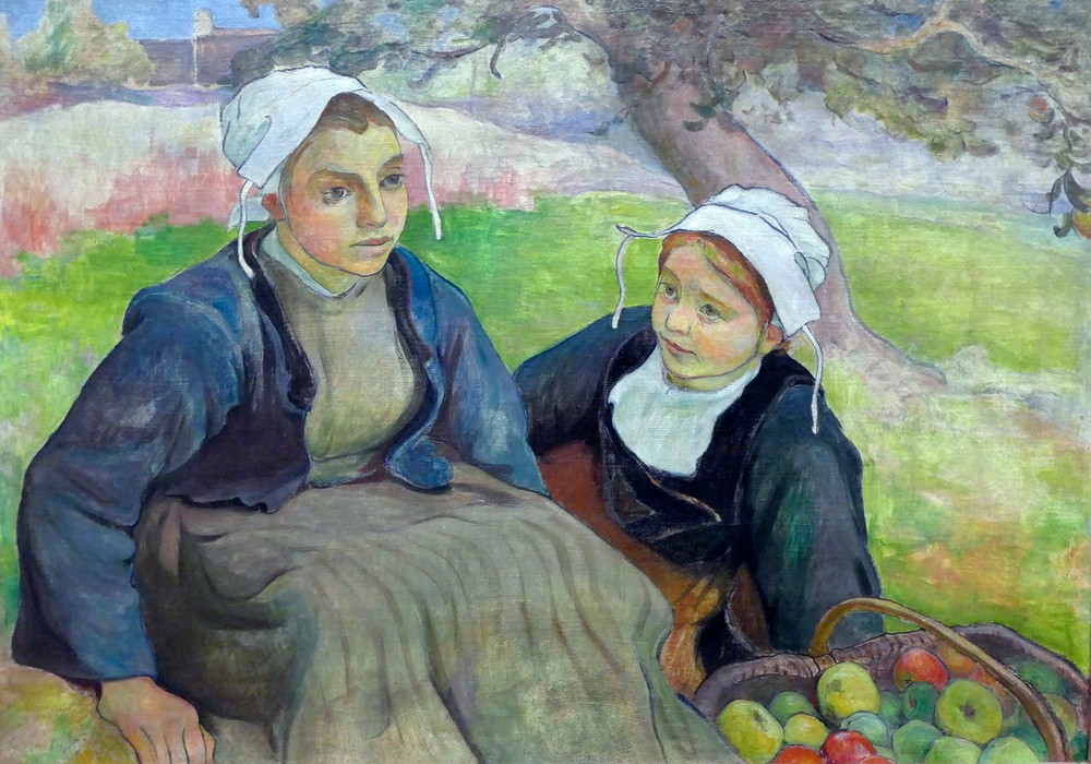 Wladyslaw Slewinski, Breton Women with a Basket of Apples (Frauen, Landschaft, Landarbeit, Genre, Äpfel sammeln, Korb, Herbst, Modernismus, Klassische Moderne, Wohnzimmer, Wunschgröße,)