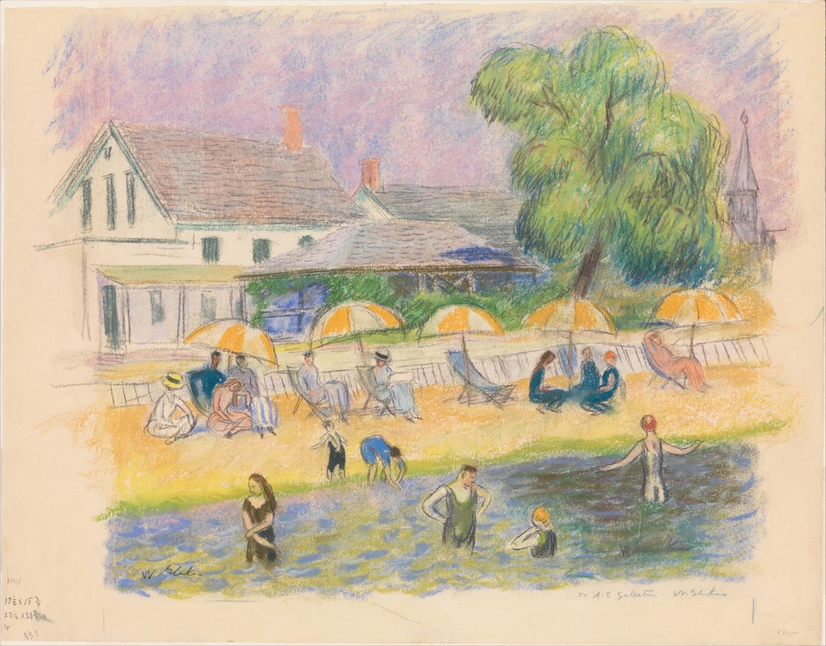 William Glackens, Strandszene (Jahreszeiten,Kunst,Mensch,Freizeit,Schwimmen,Sommer,Strand,Meer,Realismus,Sonnenbad,Sonnenschirm,Amerikanische Kunst,Liegestuhl,Us-Amerikanische Kunst,Signatur,Ashcan School)