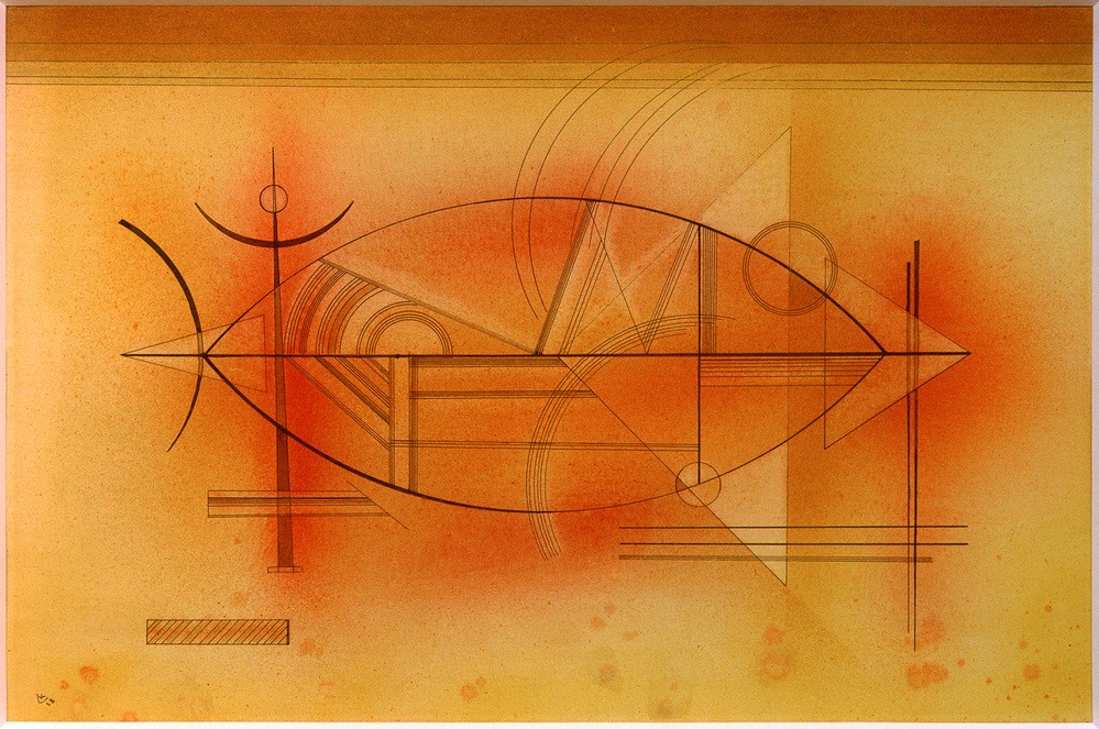 Wassily Kandinsky, Rosa (Bauhaus,Biologie,Geometrie,Kunst,Zoologie,Fisch,Expressionismus,Geometrisch,Der Blaue Reiter,Abstrakte Kunst,Russische Kunst,Kreis,Tier,Dreieck,Abstraktion,Rosa (Farbe),Neue Kuenstlervereinigung Muenchen,Viereck,Rechteck,Halbkreis,Form,Signatur,Farbe)