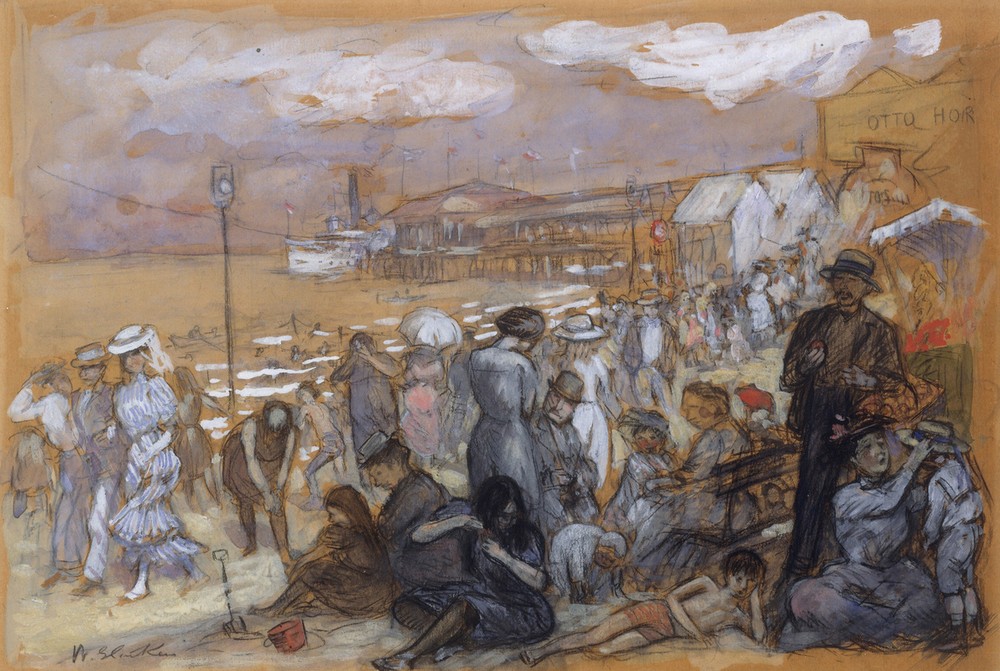 William Glackens, Nachmittag auf Coney Island (Ausflug,Frau,Jahreszeiten,Kind,Kunst,Mensch,Picknick,Freizeit,Sommer,Strand,Tageszeiten,Nachmittag,Meer,Realismus,Amerikanische Kunst,Papier,Us-Amerikanische Kunst,Jahrhundertwende,Alltag,Ashcan School)