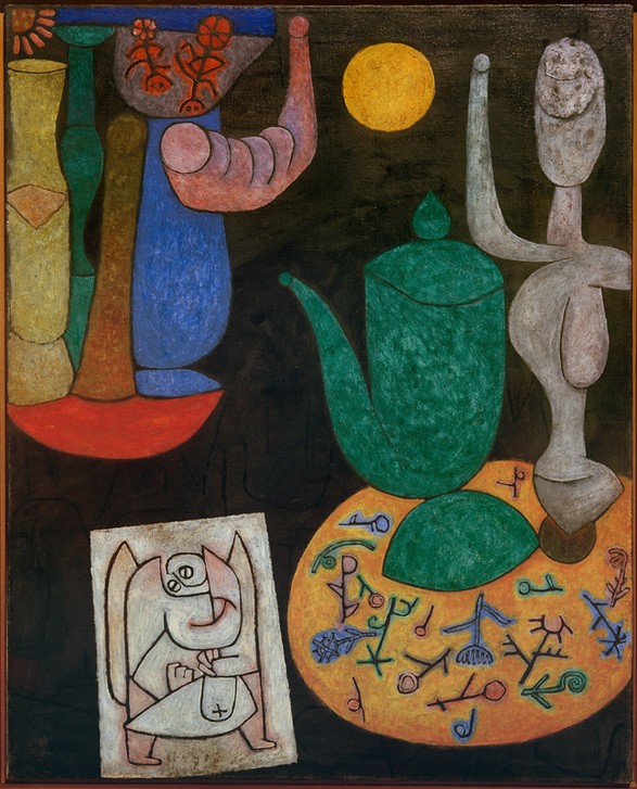 Paul Klee, Ohne Titel (Letztes Stillleben) (Bauhaus,Deutsche Kunst,Kanne,Kunst,Sonne,Bild Im Bild,Stillleben,Expressionismus,Tischtuch,Letzter,Letzte,Letztes,Der Blaue Reiter,Abstrakte Kunst,Schweizerische Kunst,Kreis,Gefäss,Platzdeckchen,Abstraktion,Viereck,Rechteck,Form,Skulptur Im Bild,Farbigkei)