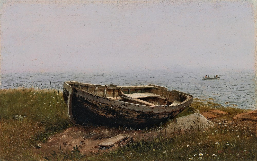 Frederic Edwin Church, Verlassenes Ruderboot (Boot, Küste, Ruderboot, Meer, Dunst, Nebel, diffus, Meeresbrise, maritim, Wunschgröße, Klassiker, Romantik, Wohnzimmer)