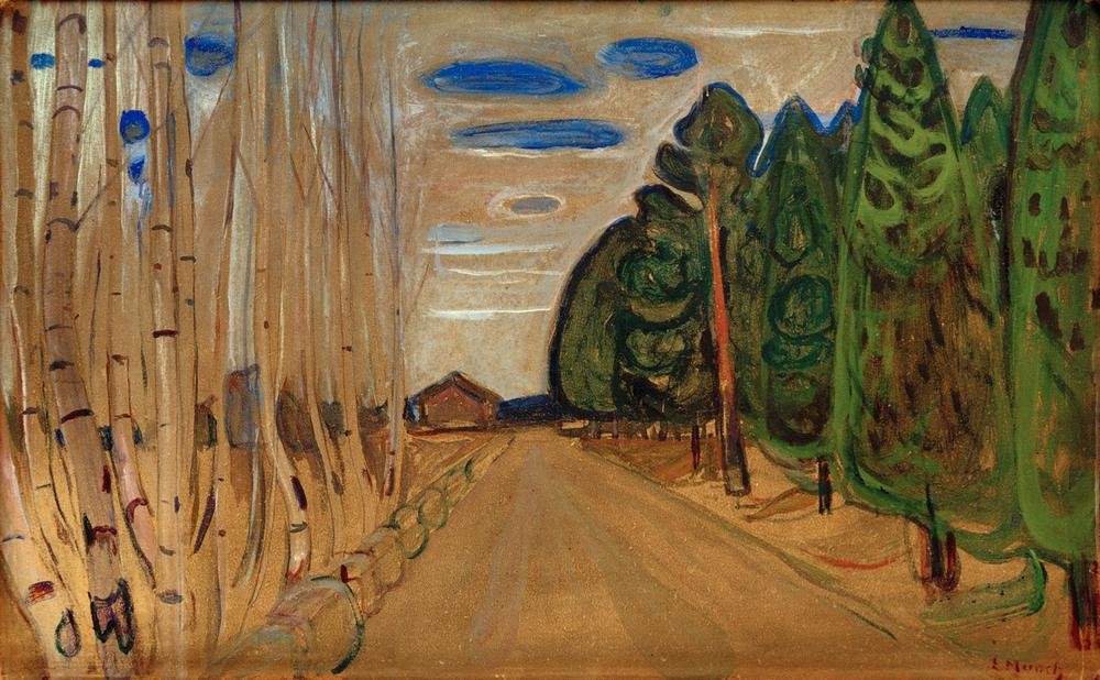 Edvard Munch, Allee (Allee,Kunst,Landschaft,Strasse (Allgemein),Wald,Baum,Expressionismus,Norwegische Kunst,Jahrhundertwende,Skandinavische Kunst,Privatsammlung,Menschenleere,Signatur)