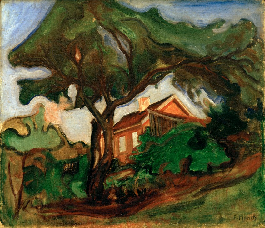 Edvard Munch, Der Apfelbaum (Landschaft) (Haus,Kunst,Landschaft,Wohnhaus (Allgemein),Baum,Expressionismus,Architekturdarstellung,Norwegische Kunst,Apfelbaum,Jahrhundertwende,Skandinavische Kunst,Privatsammlung,Obstbaum,Signatur)