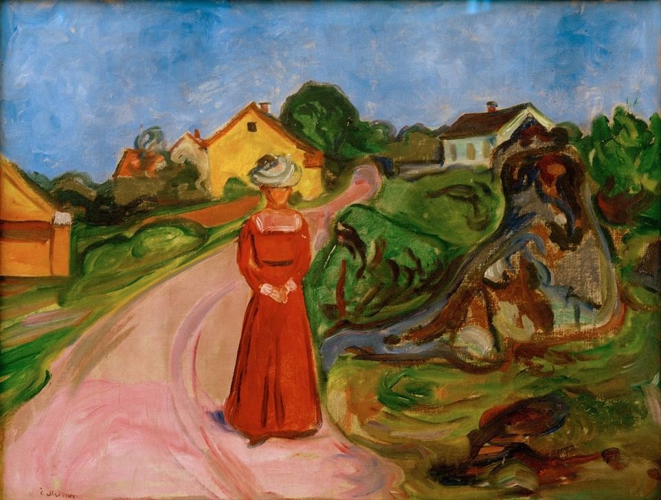 Edvard Munch, Frau in rotem Kleid (Straße in Åsgårdstrand) (Frau,Kunst,Landschaft,Mensch,Freizeit,Spaziergang,Strasse (Allgemein),Expressionismus,Reise,Weg,Norwegische Kunst,Kleid,Frauenleben,Jahrhundertwende,Skandinavische Kunst,Rot,Signatur,Farbe)