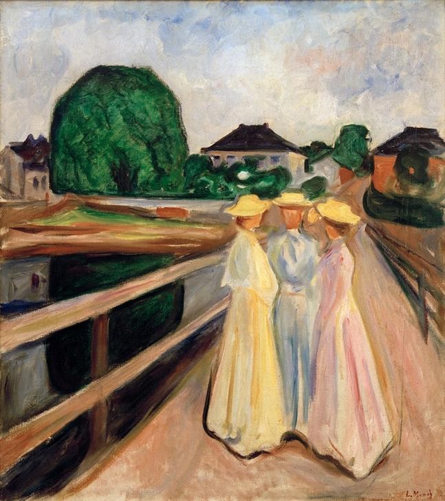 Edvard Munch, Mädchen auf dem Pier (Brücke,Damenhut,Frau,Freundschaft (Allgemein),Kind,Kopfbedeckung,Kunst,Landschaft,Mädchen,Mensch,Freizeit,Spaziergang,Hut,Expressionismus,Strohhut,Reise,Langeweile,Norwegische Kunst,Sonnenhut,Drei,Jugendliche,Frauenleben,Nichtstun,Jahrhundertwende,Junge F)