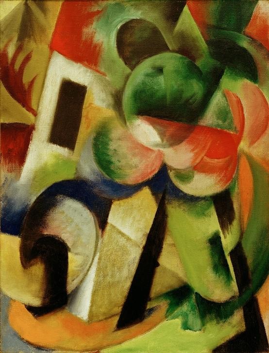 Franz Marc, Kleine Komposition II (Haus mit Bäumen) (Deutsche Kunst,Geometrie,Haus,Kunst,Kubismus,Baum,Expressionismus,Geometrisch,Der Blaue Reiter,Architekturdarstellung,Abstraktion,Form,Farbigkeit,Farbe)