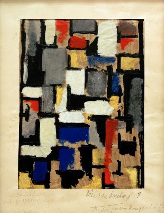 Theo van Doesburg, Lena im Interieur, Studie zu Komposition XIII (Bauhaus,Kunst,Abstrakte Kunst,Studie,Niederländische Kunst,Abstraktion,De Stijl,Form,Farbigkeit,Signatur,Farbe)