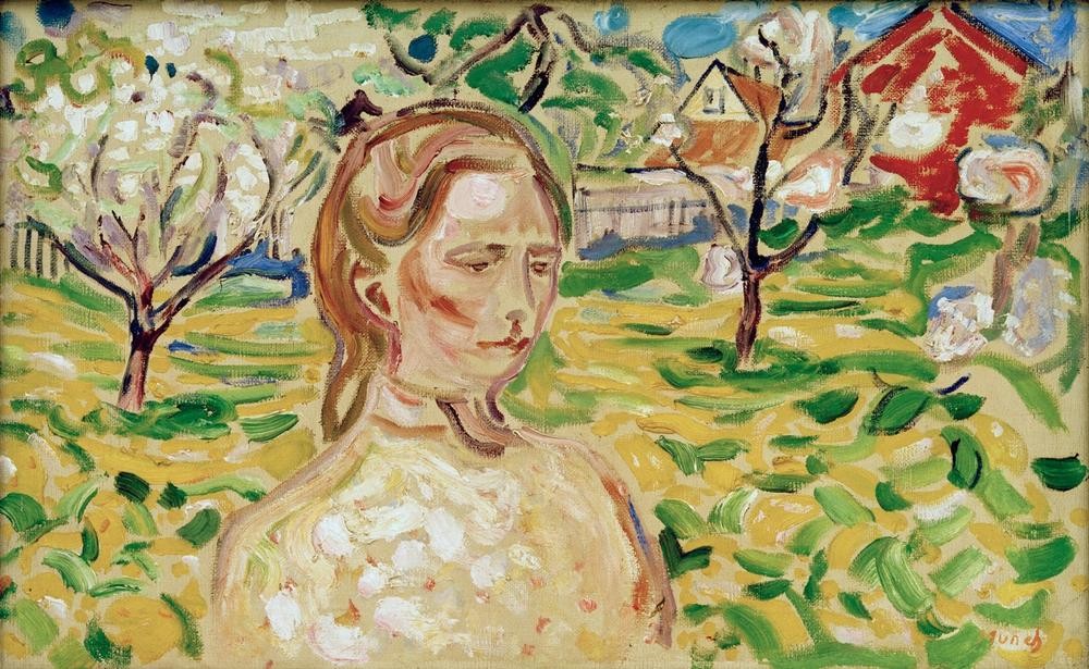 Edvard Munch, Frau im Garten (Frau,Garten Und Park,Jugend (Lebensalter),Kunst,Landschaft,Mensch,Portrait,Expressionismus,Norwegische Kunst,Menschen Im Garten,Junge Frau,Skandinavische Kunst,Privatsammlung,Brustbild,Signatur,Garten)