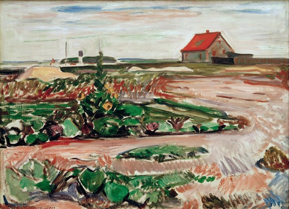 Edvard Munch, Landschaft bei Travemünde (Geographie,Haus,Küste,Kunst,Landschaft,Meer,Expressionismus,Norwegische Kunst,Skandinavische Kunst,Topographie,Signatur)