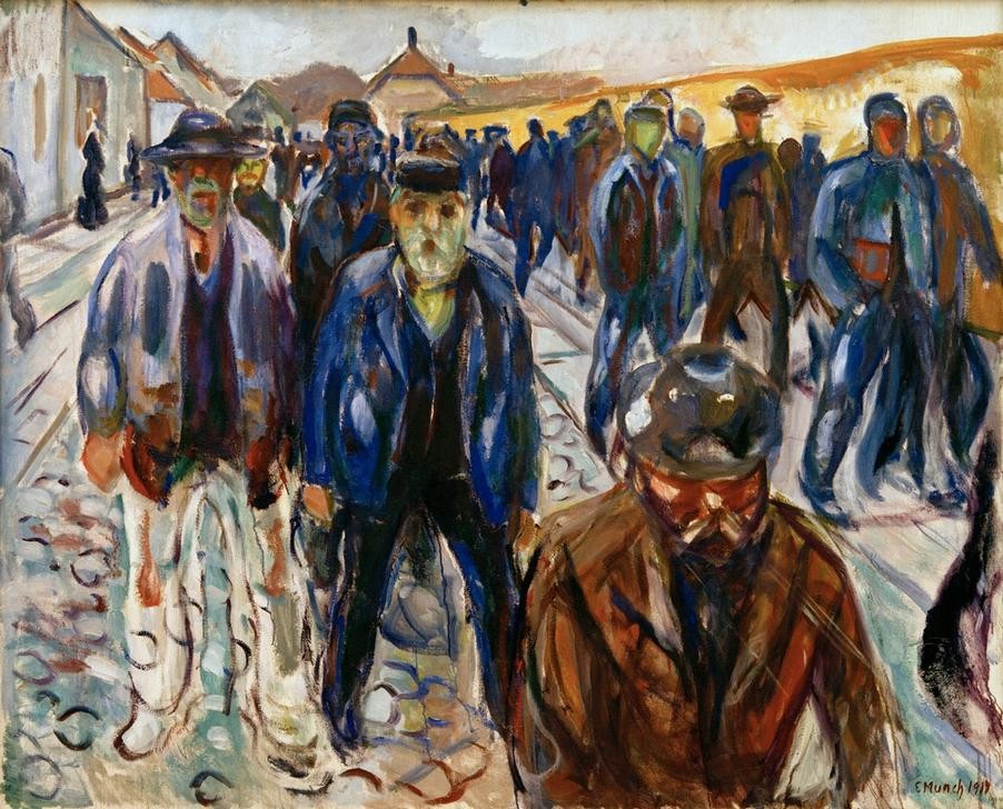 Edvard Munch, Arbeiter auf dem Heimweg (Arbeiter,Arbeit,Gesellschaft,Industrie,Kunst,Mann,Mensch,Soziales,Feierabend,Tageszeiten,Abend,Expressionismus,Norwegische Kunst,Proletariat,Dämmerung,Skandinavische Kunst,Signatur,Alltag,Heimweg)