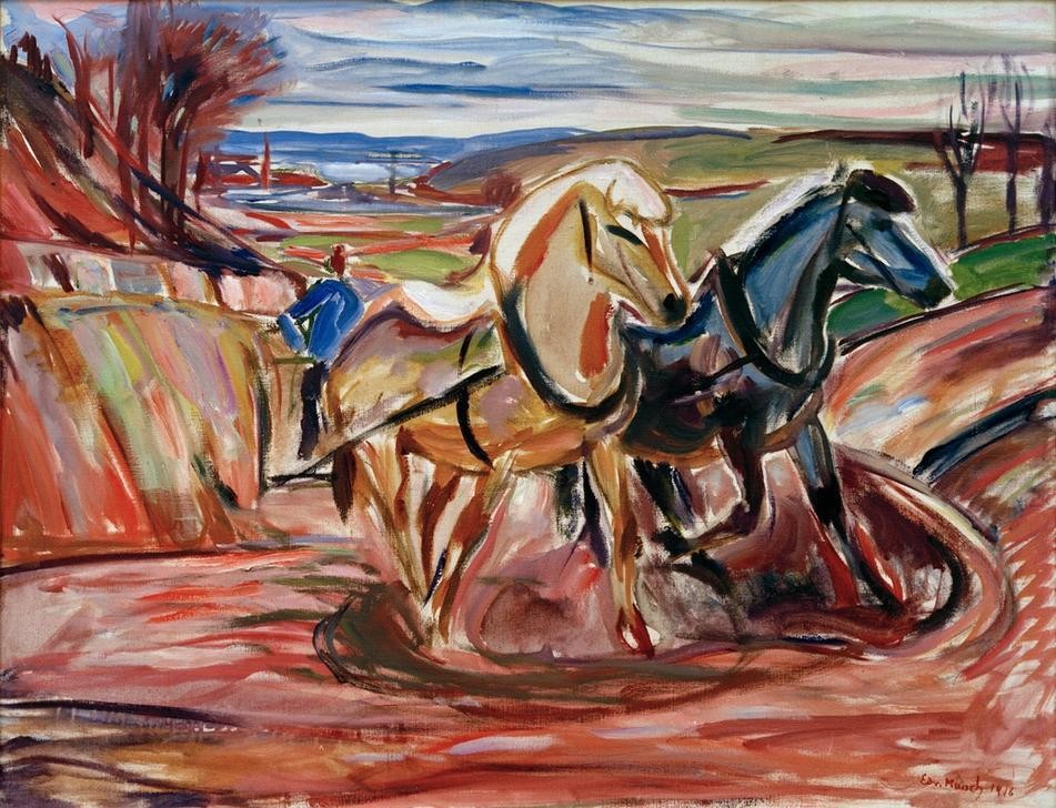 Edvard Munch, Pferde (Ackerbau,Bauer (Landwirt),Kunst,Pferd (Tier),Zoologie,Expressionismus,Norwegische Kunst,Tierleben,Zugtier,Tier,Landarbeit,Skandinavische Kunst,Feldarbeit,Landwirtschaft,Signatur)