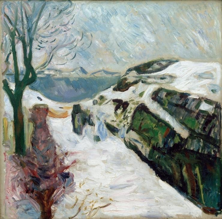 Edvard Munch, Winterlandschaft (Jahreszeiten,Küste,Kunst,Landschaft,Winter,Meer,Schnee,Expressionismus,Fjord,Norwegische Kunst,Skandinavische Kunst)