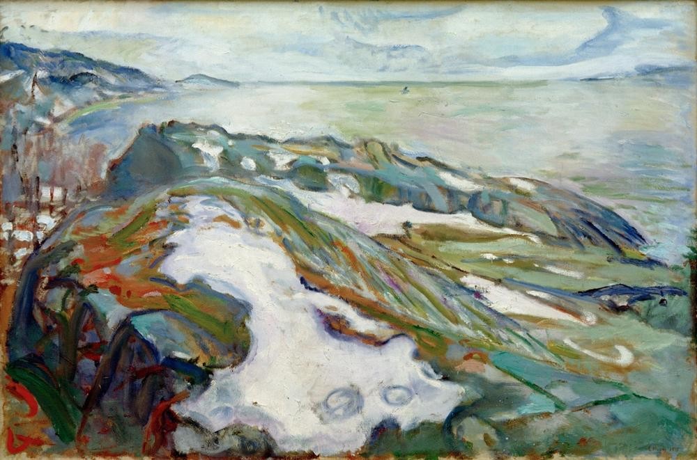 Edvard Munch, Winterlandschaft (Jahreszeiten,Küste,Kunst,Landschaft,Winter,Meer,Schnee,Expressionismus,Fjord,Felsen,Norwegische Kunst,Skandinavische Kunst,Signatur)