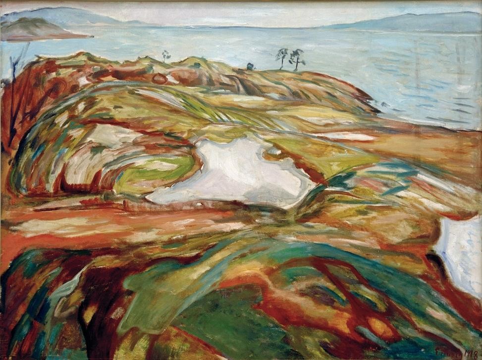 Edvard Munch, Große Küstenlandschaft (Jahreszeiten,Küste,Kunst,Landschaft,Winter,Meer,Schnee,Expressionismus,Fjord,Norwegische Kunst,Skandinavische Kunst,Signatur)