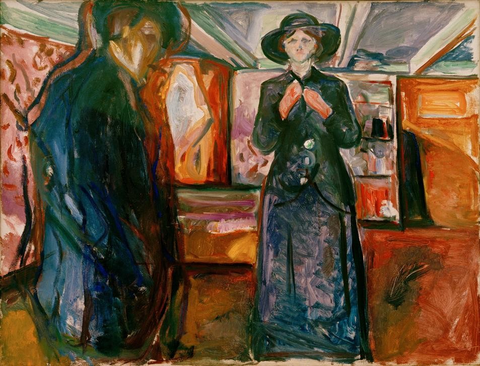 Edvard Munch, Mann und Frau II (Frau,Kunst,Mann,Mensch,Portrait,Expressionismus,Interieur,Norwegische Kunst,Entfremdung,Paar,Skandinavische Kunst,Kniestück)