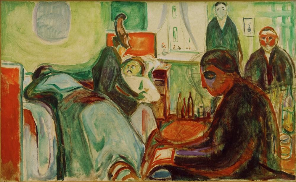 Edvard Munch, Der Tod des Bohemien (Künstler,Kunst,Leiche,Mann,Mensch,Tod,Trauer,Expressionismus,Norwegische Kunst,Sterben,Sterbezimmer,Sterbebett,Boheme,Sterbebegleitung,Skandinavische Kunst)