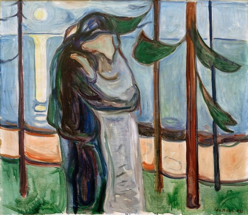 Edvard Munch, Kuss am Strand (Kunst,Landschaft,Liebe,Liebe Und Ehe,Liebespaar,Mensch,Mond,Strand,Tageszeiten,Abend,Nacht,Meer,Kuss,Spiegelung,Baum,Expressionismus,Umarmung,Norwegische Kunst,Paar,Vollmond,Skandinavische Kunst,Signatur)