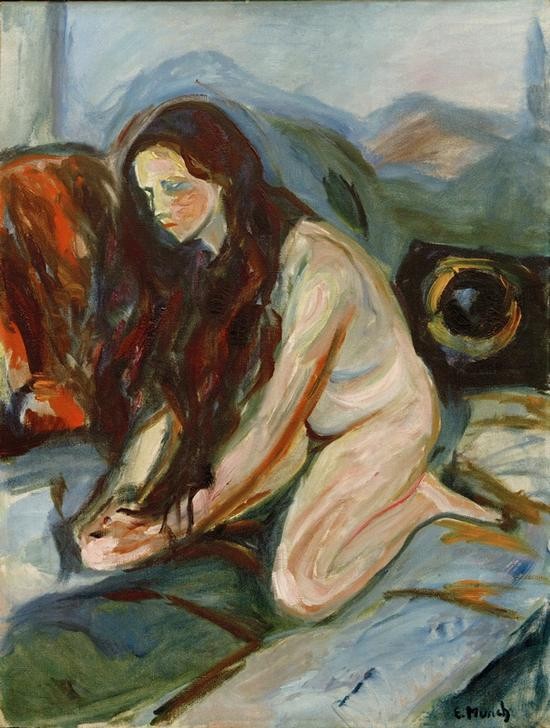 Edvard Munch, Akt kniend (Frau,Jugend (Lebensalter),Kunst,Mensch,Akt,Expressionismus,Norwegische Kunst,Langes Haar,Junge Frau,Knien,Skandinavische Kunst,Privatsammlung,Ganzfigurig,Körperhaltung,Signatur)