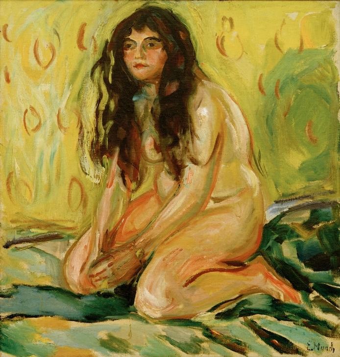 Edvard Munch, Kniender Akt (Frau,Jugend (Lebensalter),Kunst,Mensch,Akt,Expressionismus,Norwegische Kunst,Erotische Kunst,Langes Haar,Junge Frau,Knien,Skandinavische Kunst,Ganzfigurig,Körperhaltung,Signatur,Sinnlichkeit)