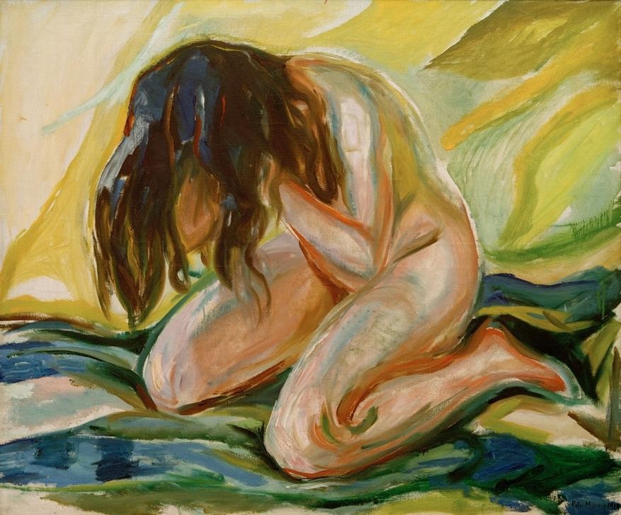 Edvard Munch, Kniender weiblicher Akt (Frau,Kunst,Mensch,Psychologie,Akt,Expressionismus,Weinen,Norwegische Kunst,Verzweiflung,Traurigkeit,Langes Haar,Gefühl (Stimmung),Knien,Skandinavische Kunst,Ganzfigurig,Gesicht Verbergen,Körperhaltung,Hände Vor Dem Gesicht,Negative Stimmungen Und Gefühle,)