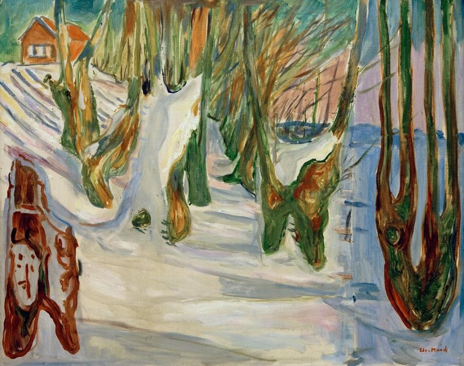 Edvard Munch, Alte Bäume (Winter, Ekely) (Haus,Jahreszeiten,Kunst,Landschaft,Winter,Schnee,Baum,Expressionismus,Norwegische Kunst,Skandinavische Kunst,Privatsammlung,Signatur)