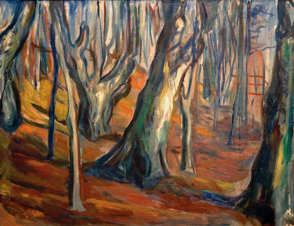 Edvard Munch, Herbst (Alte Bäume, Ekely) (Herbst,Jahreszeiten,Kunst,Landschaft,Wald,Baum,Expressionismus,Norwegische Kunst,Skandinavische Kunst,Signatur)