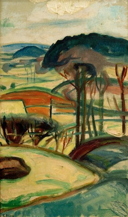 Edvard Munch, Landschaft (Kunst,Landschaft,Baum,Expressionismus,Norwegische Kunst,Hügel,Skandinavische Kunst,Signatur)
