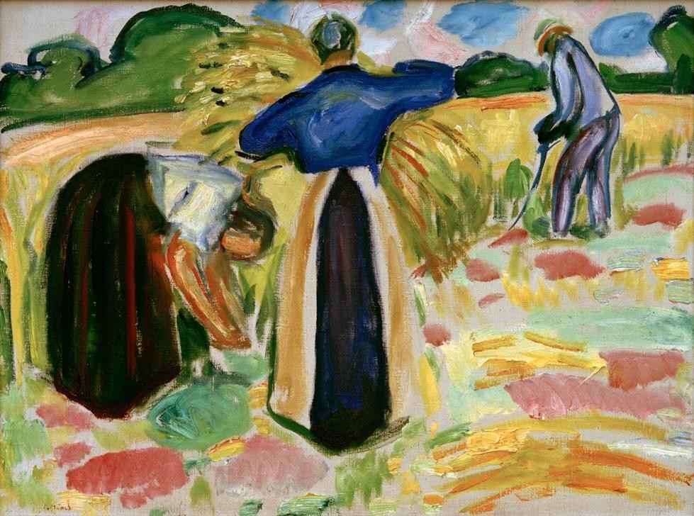 Edvard Munch, Ernte (Ackerbau,Arbeit,Bauer (Landwirt),Ernte,Frau,Getreideanbau,Kunst,Landschaft,Mann,Mensch,Weizen,Expressionismus,Getreide,Bäuerin,Rückenfigur,Norwegische Kunst,Feld,Landleben,Getreidefeld,Landbevölkerung,Garbe,Landarbeit,Skandinavische Kunst,Feldarbeit,Landw)