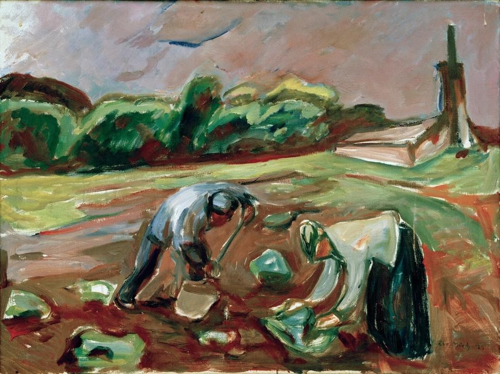 Edvard Munch, Kartoffelernte (Ackerbau,Arbeit,Bauer (Landwirt),Ernte,Geräte,Kunst,Landschaft,Mann,Mensch,Kartoffel,Schaufel,Expressionismus,Norwegische Kunst,Feld,Landleben,Landbevölkerung,Landarbeit,Skandinavische Kunst,Kartoffelernte,Feldarbeit,Landwirtschaft,Signatur)