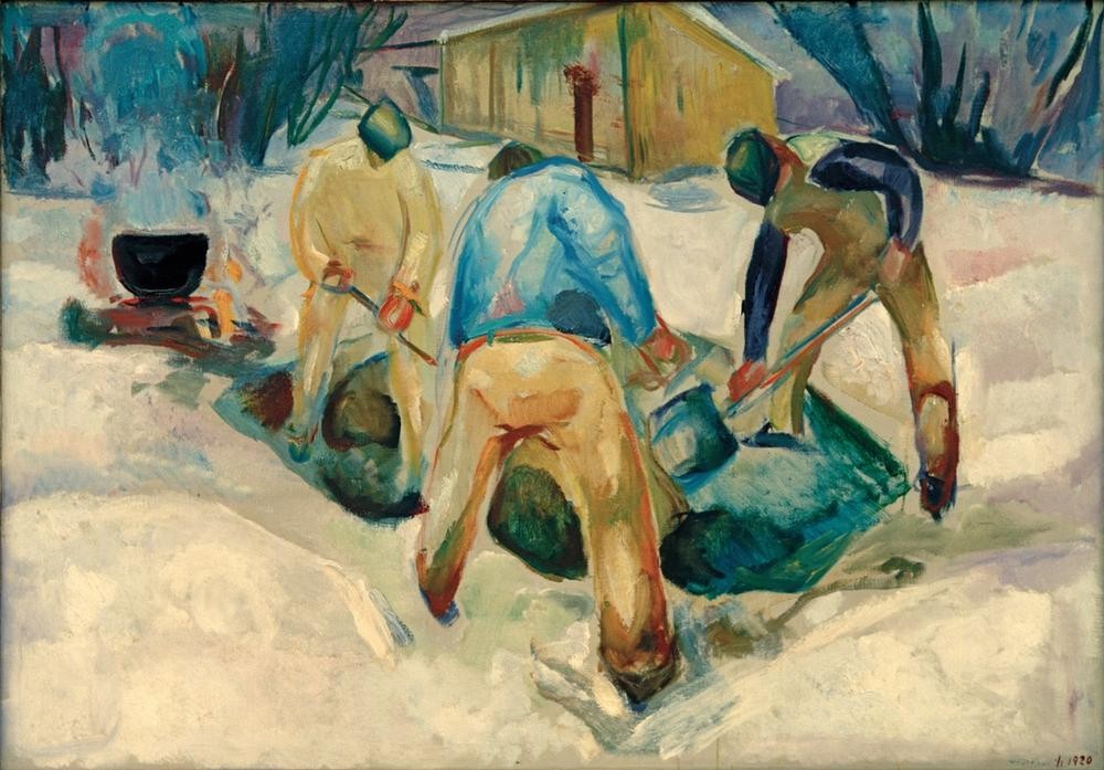 Edvard Munch, Straßenarbeiter im Schnee (Arbeiter,Arbeit,Geräte,Jahreszeiten,Kunst,Mann,Mensch,Strassenbau,Strasse (Allgemein),Strassenszene,Verkehr,Winter,Strassenarbeiter,Schnee,Baustelle,Schaufel,Bauarbeiter,Expressionismus,Norwegische Kunst,Bauarbeiten,Skandinavische Kunst,Privatsammlung)