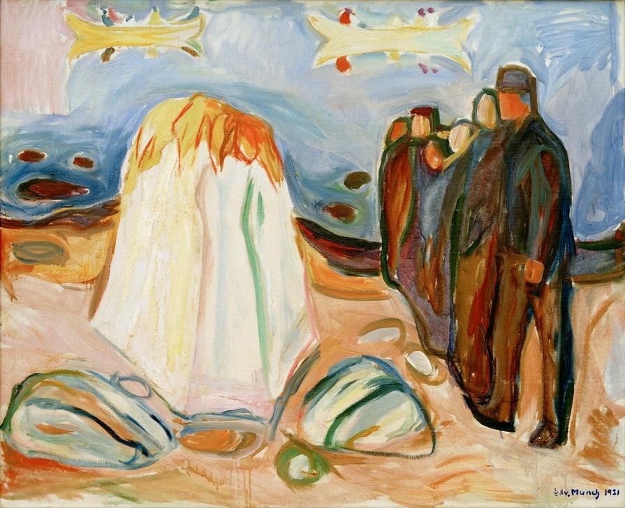 Edvard Munch, Zusammentreffen (Gruppenbild,Kunst,Landschaft,Mensch,Strand,Meer,Expressionismus,Norwegische Kunst,Treffen,Im Freien (Allgemein),Skandinavische Kunst,Privatsammlung,Versammlung,Signatur)