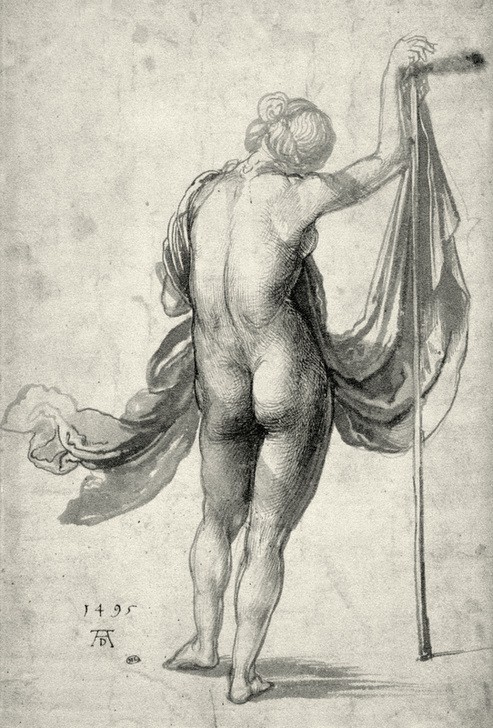 Albrecht Dürer, Studie eines weiblichen Rückenakts mit Draperie und Stab (Deutsche Kunst,Frau,Schönheit,Renaissance,Akt,Stock,Rückenakt,Nacktheit,Monogramm,Junge Frau,Stab,Ganzfigurig,Faltenwurf,Tuch,Signatur)