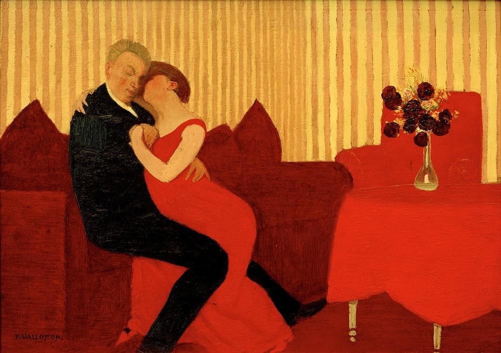 Felix Vallotton, Le mensonge (Liebe Und Ehe,Liebespaar,Mensch,Umarmung,Französische Kunst,Schweizerische Kunst,Nabis,Rot,Lügen,Couch)