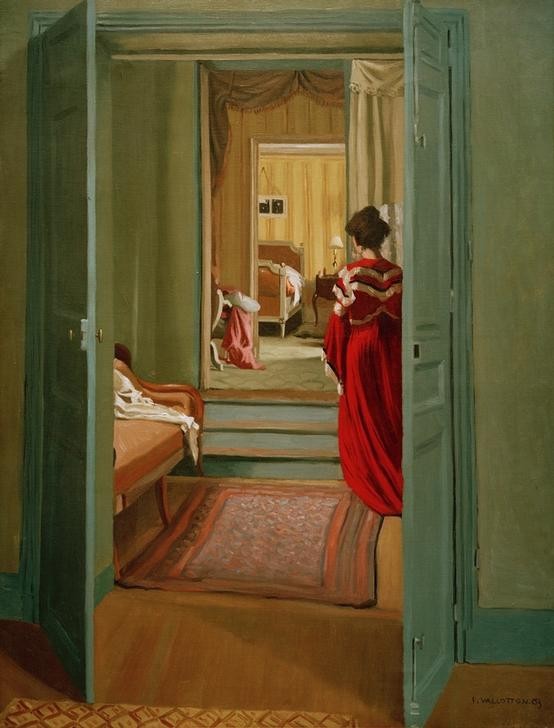 Felix Vallotton, Intérieur avec femme en drouge de dos (Architektur,Frau,Schlafzimmer,Teppich,Wohnung,Interieur,Rückenfigur,Französische Kunst,Schweizerische Kunst,Nabis,Jahrhundertwende,Flügeltür,Tür (Offen),Durchblick)