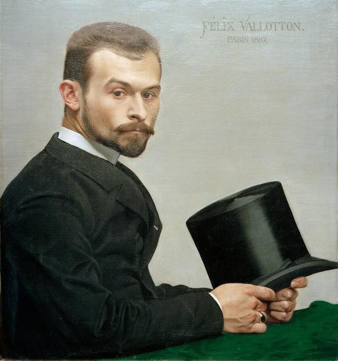 Felix Vallotton, Félix Jasinski tenant son chapeau (Abendgarderobe,Grafiker,Herrenmode,Künstler,Mann,Mode,Zeichner,Zylinder (Hut),Bart,Portrait,Französische Kunst,Schweizerische Kunst,Sitzen,Person)