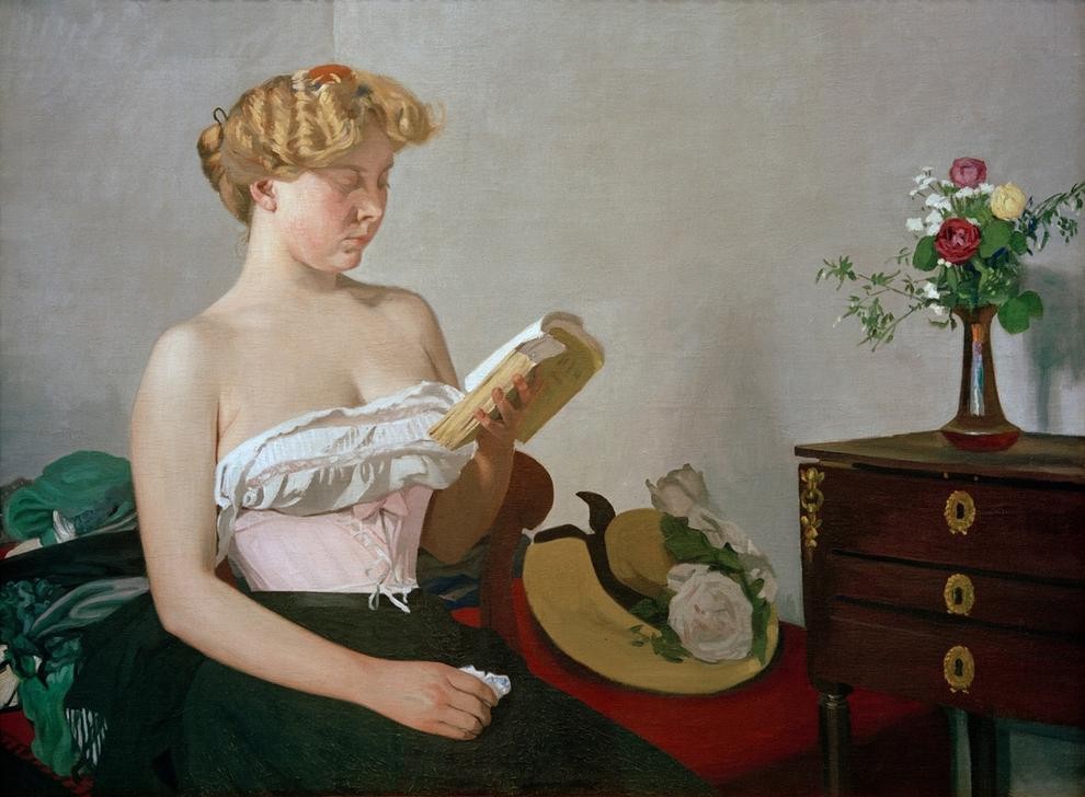 Felix Vallotton, La lecture (Buch,Damenhut,Damenmode,Frau,Leser,Literatur,Mieder,Mode,Unterwäsche (Damen),Hut,Dekollete,Portrait,Strohhut,Blumenstrauss,Interieur,Französische Kunst,Schweizerische Kunst,Frauenleben,Nabis,Leserin,Sitzen,Jahrhundertwende,Junge Frau,Schulterfrei)