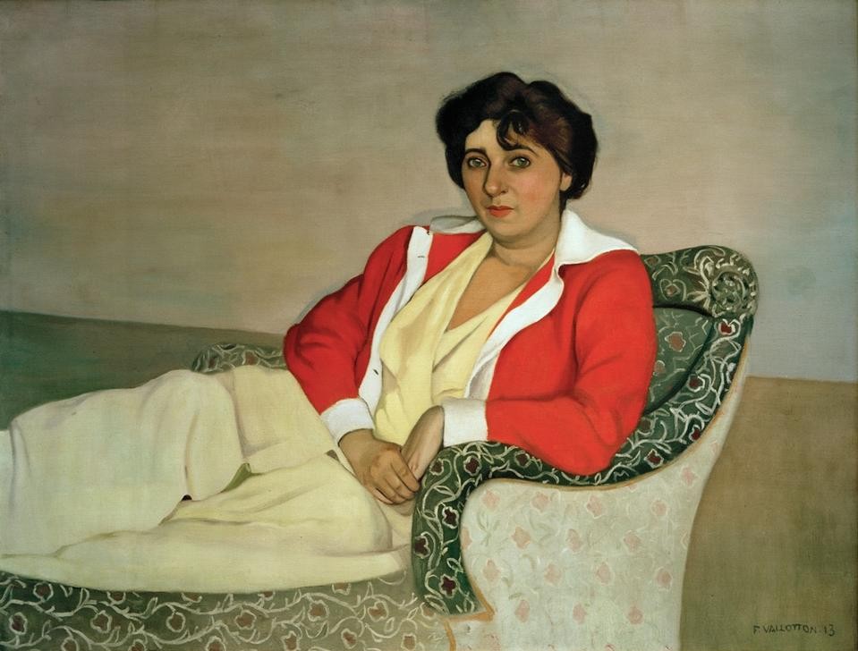 Felix Vallotton, Le chandail rouge (Frau,Mensch,Neue Sachlichkeit,Portrait,Französische Kunst,Schweizerische Kunst,Chaise-Longue,Nabis,Jacke,Rot)