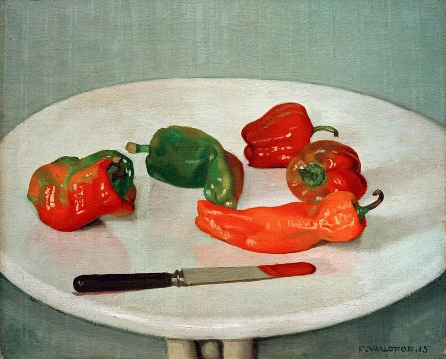 Felix Vallotton, Poivrons rouges (Gemüse,Kunst,Paprika,Neue Sachlichkeit,Tisch,Stillleben,Messer,Französische Kunst,Schweizerische Kunst,Nabis,Runder Tisch (Möbel))
