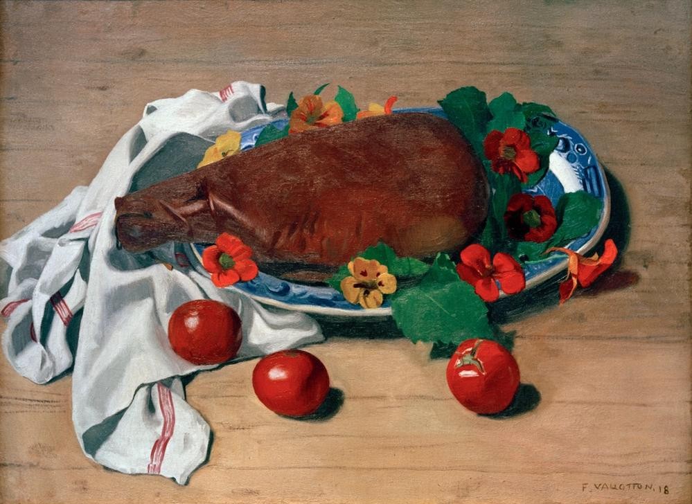 Felix Vallotton, Jambon et tomates (Gemüse,Kunst,Tomate,Nahrungsmittel,Neue Sachlichkeit,Stillleben,Teller,Französische Kunst,Schinken,Schweizerische Kunst,Kapuzinerkresse,Nabis,Faltenwurf,Tuch)