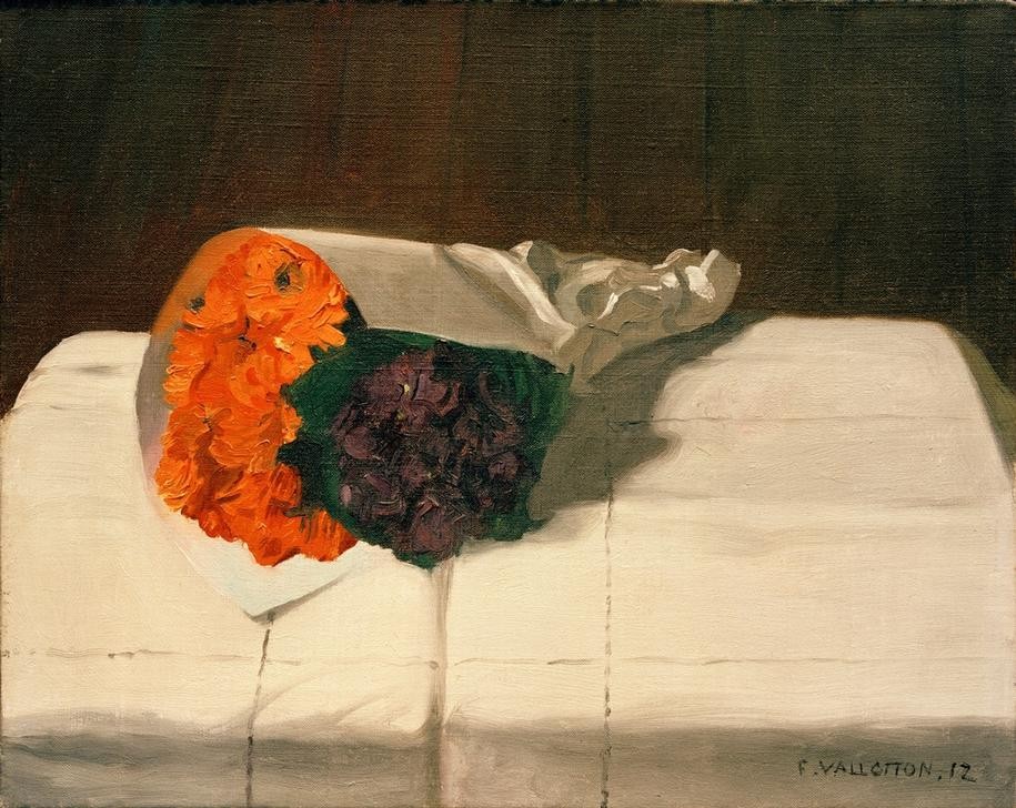 Felix Vallotton, Bouquet de soucis et de violette (Botanik,Kunst,Veilchen,Neue Sachlichkeit,Stillleben,Blumenstrauss,Französische Kunst,Schweizerische Kunst,Nabis,Ringelblume,Blume,Einwickelpapier)