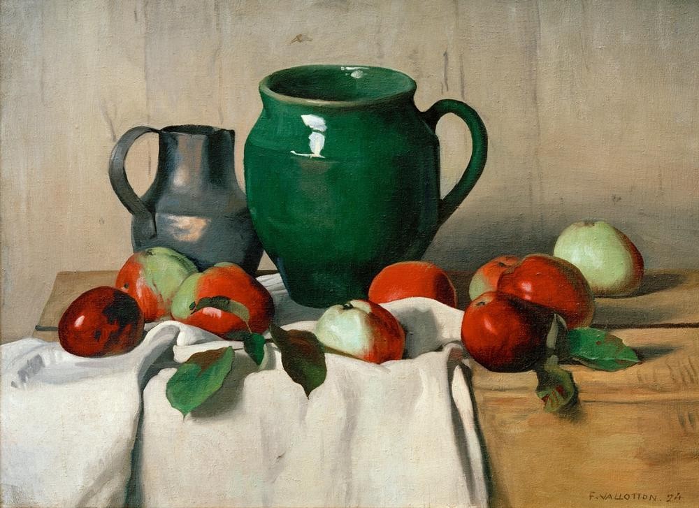 Felix Vallotton, Nature morte aux pommes (Apfel,Kanne,Kunst,Obst,Neue Sachlichkeit,Stillleben,Tischtuch,Französische Kunst,Schweizerische Kunst,Gefäss,Nabis,Krug)