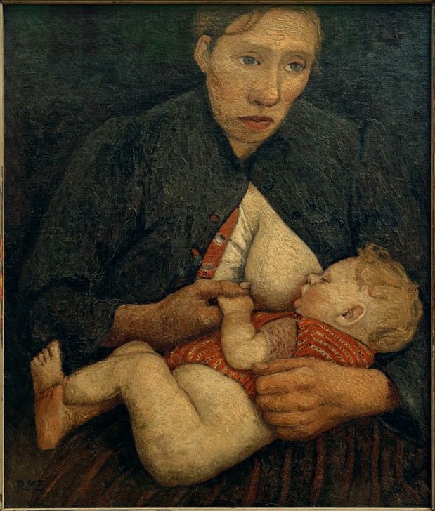Paula Modersohn-Becker, Stillende Mutter (Baby,Deutsche Kunst,Kind,Stillen,Kleinkind,Frauenkunst,Mutter,Mutterliebe,Traurigkeit,Mutter Und Säugling,Worpsweder Künstlerkolonie,Jahrhundertwende,Kind Auf Dem Schoss)