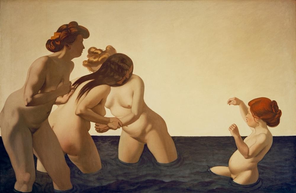 Felix Vallotton, Trois femmes et une petite fille, jouant dans l’eau (Bad Im Freien,Bad,Frau,Kind,Mädchen,Freizeit,Spiel,Meer,Akt,Kleinkind,Französische Kunst,Schweizerische Kunst,Ausgelassenheit,Nabis,Fröhlichkeit)